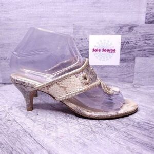 Jack Rogers Marina Snake Print Slip on Thong Heeled Sandal Tan Gold Women's sz 6